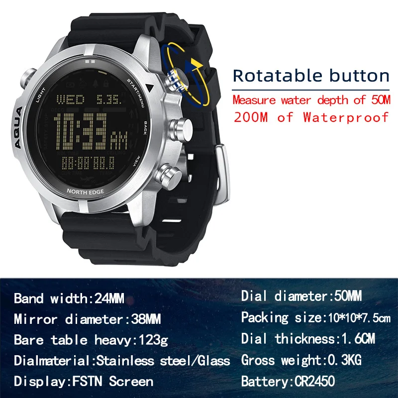 North Edge AQUA Men's Diving Computer Watch Equipment Compass Altimeter waterproof 100M Outdoor Sports Watch
North Edge AQUA Men's Diving Computer Watch Equipment Compass Altimeter waterproof 100M Outdoor Sports Watch