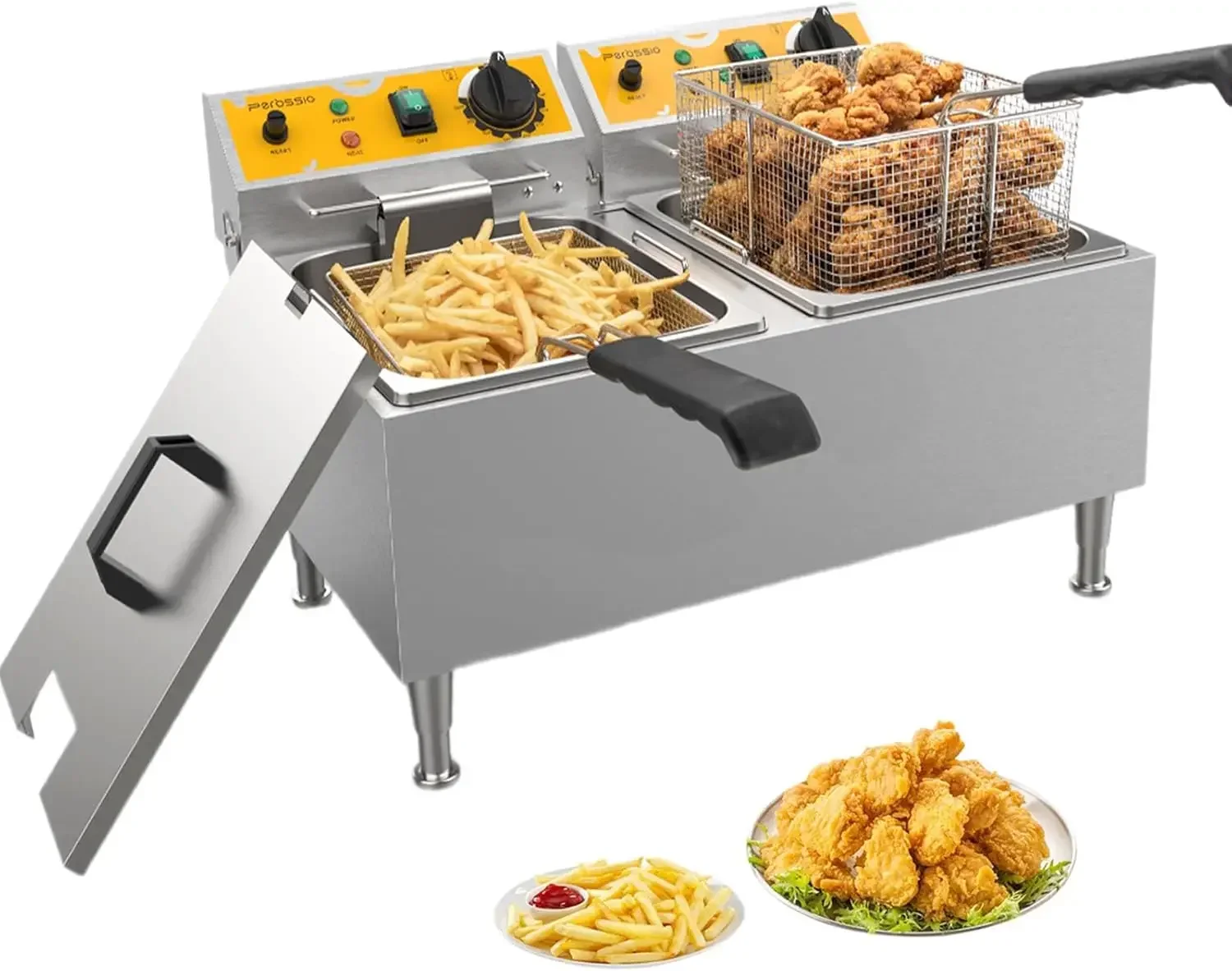 Deep Fryer Large Dual Tank 20L(21.1Qt), 3500 W Fast Heating, 304 Stainless Steel Electric Deep Fryer with Basket and Lid,
Deep Fryer Large Dual Tank 20L(21.1Qt), 3500 W Fast Heating, 304 Stainless Steel Electric Deep Fryer with Basket and Lid,