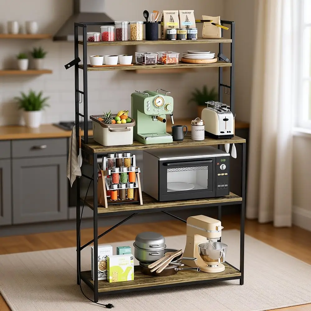 5-Tier Microwave Stand with Power Outlet, Coffee Bar, S-Hooks, Heavy Duty Storage for Spices and Pots, Brown
5-Tier Microwave Stand with Power Outlet, Coffee Bar, S-Hooks, Heavy Duty Storage for Spices and Pots, Brown