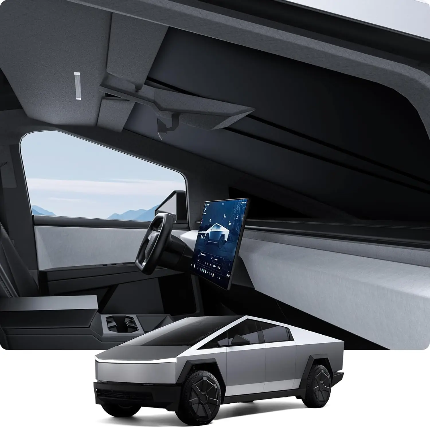 Tesla Cybertruck Windshield Sunshade with Nano Ice Crystal Cooling, Blocks UV, Folding Design for 2024-2026 Models
Tesla Cybertruck Windshield Sunshade with Nano Ice Crystal Cooling, Blocks UV, Folding Design for 2024-2026 Models