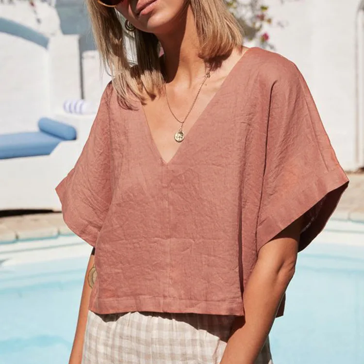 100% Linen V-Neck Backless Tops Women 2025 New Casual Half Sleeve T-Shirt Solid Color Harajuku Loose Summer T-Shirt
100% Linen V-Neck Backless Tops Women 2025 New Casual Half Sleeve T-Shirt Solid Color Harajuku Loose Summer T-Shirt