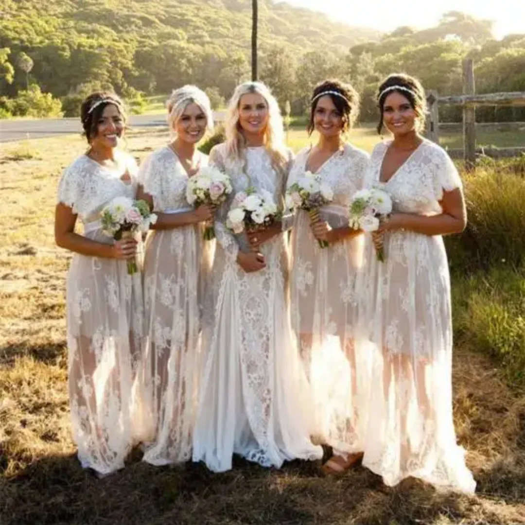 Luxury Bridesmaid Dresses V Neck Short Sleeves Plus Size Boho Beach Sheer Lace White Wedding Dresses Customized 
Luxury Bridesmaid Dresses V Neck Short Sleeves Plus Size Boho Beach Sheer Lace White Wedding Dresses Customized