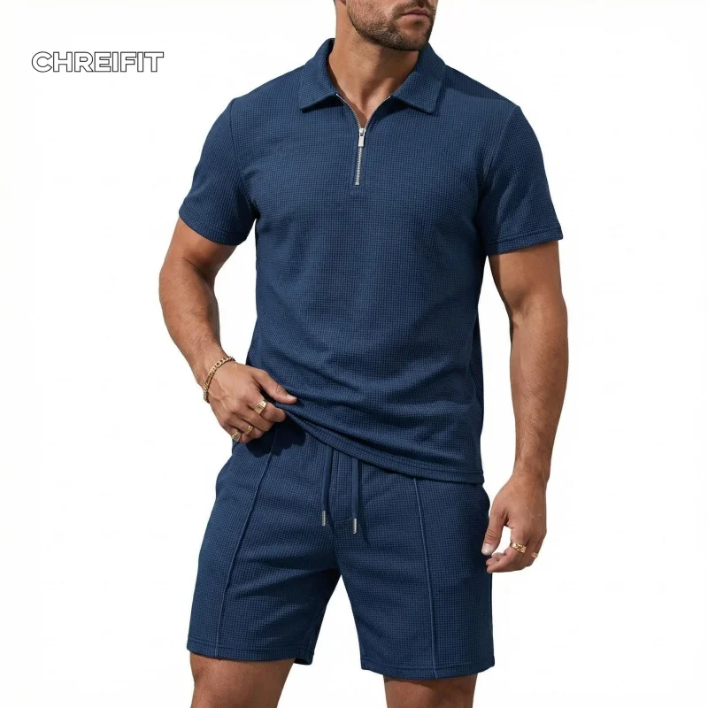 CHREIFIT Casual Men's 2 Piece Set Short Sleeve Waffle Polo Shirt with Zipper and Drawstring Shorts Matching Outfit
CHREIFIT Casual Men's 2 Piece Set Short Sleeve Waffle Polo Shirt with Zipper and Drawstring Shorts Matching Outfit