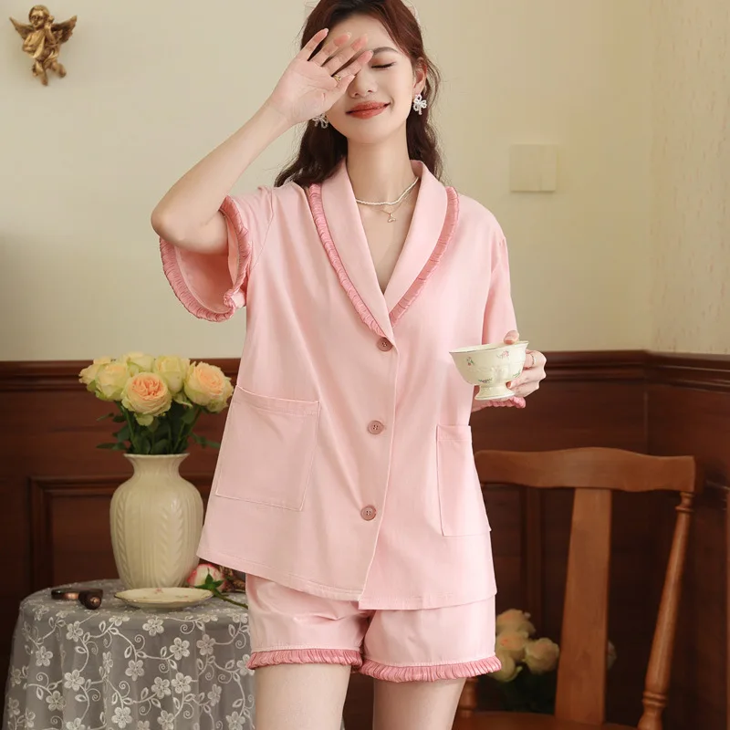Chic Women's Two Piece Short Sleeve Shirt&Ruffle Shorts Pajamas Set Pure Cotton Stylish Lapel Sleepwear French Court Loungewear
Chic Women's Two Piece Short Sleeve Shirt&Ruffle Shorts Pajamas Set Pure Cotton Stylish Lapel Sleepwear French Court Loungewear