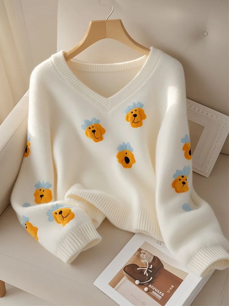Cute Dog Print Sweaters Women Soft Sweet V Neck Knitted Pullovers Tops Japan Kawaii Preppy Style Long Sleeve White Jumpers
Cute Dog Print Sweaters Women Soft Sweet V Neck Knitted Pullovers Tops Japan Kawaii Preppy Style Long Sleeve White Jumpers