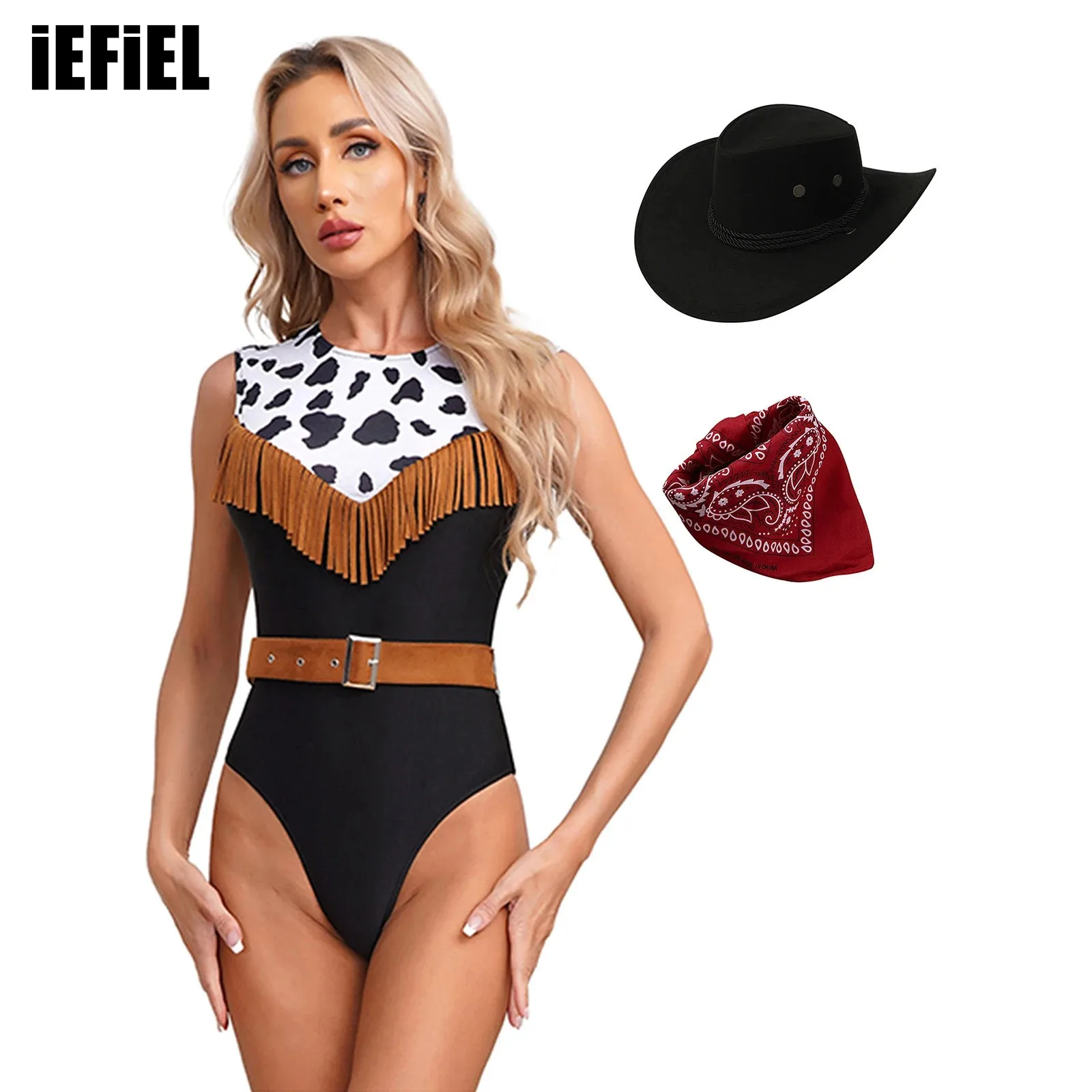 Womens Western Cowgirl Costume Set Crazy Tassel Cosplay Costume V Neck Jumpsuit with Belt Print Bandanna Drawstring Cowboy Hat
Womens Western Cowgirl Costume Set Crazy Tassel Cosplay Costume V Neck Jumpsuit with Belt Print Bandanna Drawstring Cowboy Hat