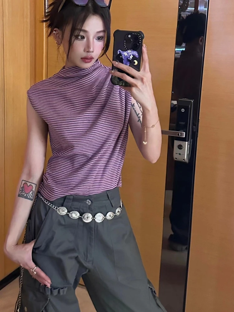 HOUZHOU American Retro T-shirt Women Purple Striped Spicy Girl Sleeveless Tops Y2k Harajuku Vintage Slim Up T-Shirts Streetwear
HOUZHOU American Retro T-shirt Women Purple Striped Spicy Girl Sleeveless Tops Y2k Harajuku Vintage Slim Up T-Shirts Streetwear
