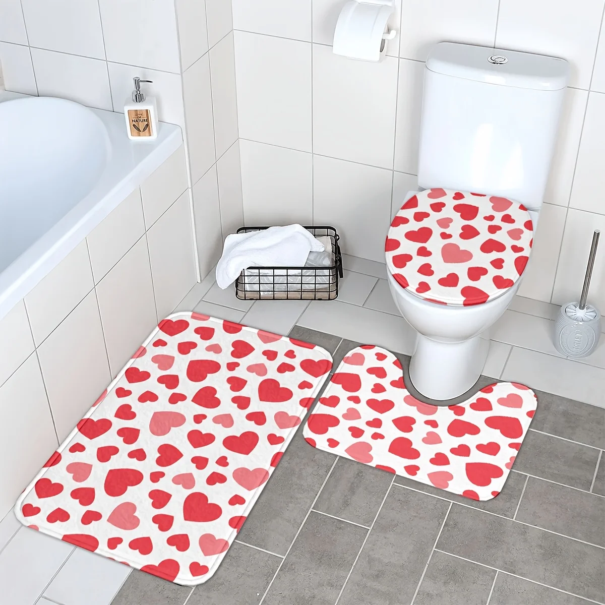 3-Piece Non-Slip Heart Print Bathroom Mat Set - Thick Polyester Mat, Includes Floor Mat, Toilet Mat and Seat Cover
3-Piece Non-Slip Heart Print Bathroom Mat Set - Thick Polyester Mat, Includes Floor Mat, Toilet Mat and Seat Cover