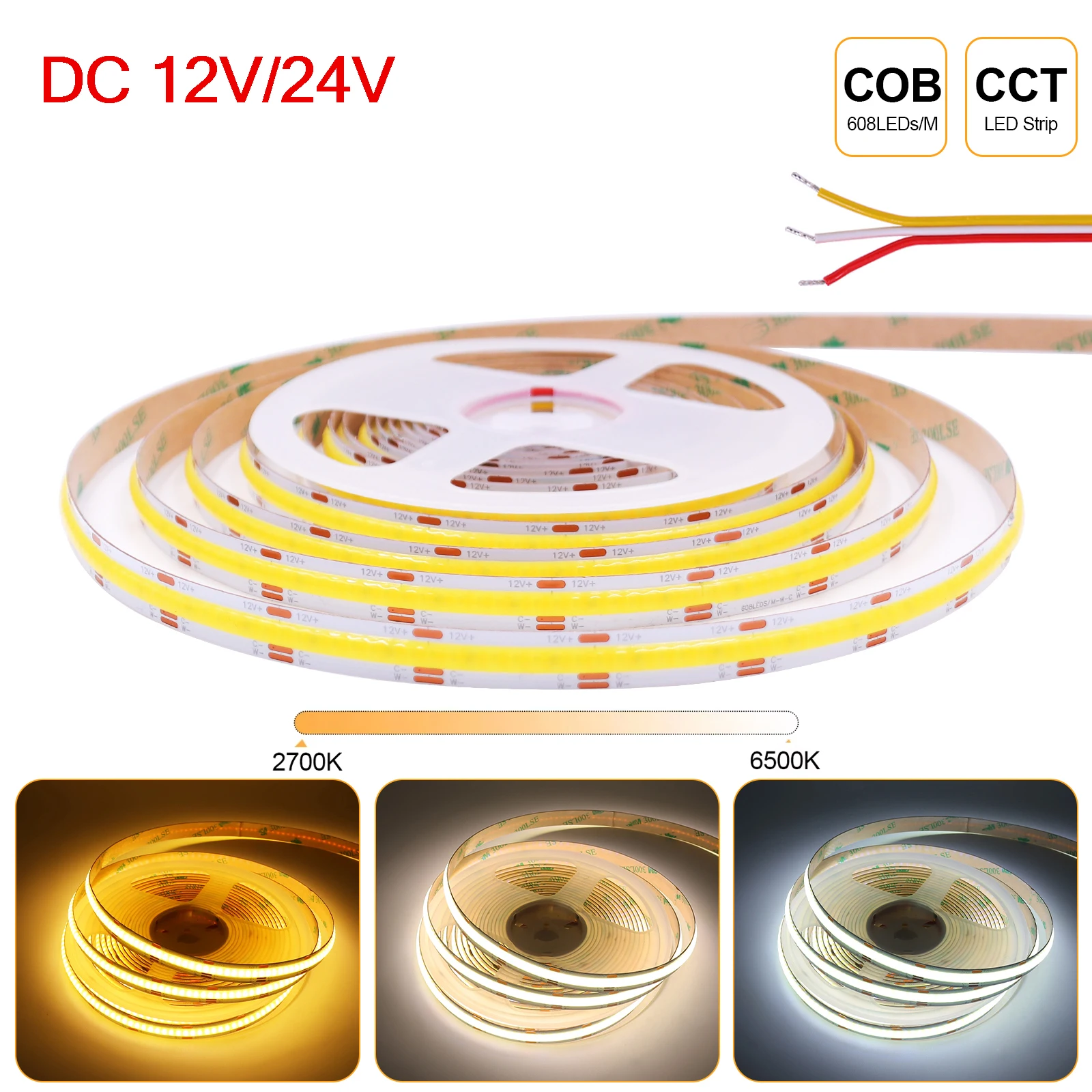 5M CCT COB LED Strip DC12V 24V 608LEDs/M COB LED Light Dimmable 10MM PCB High Density 2700K to 6500K Changeable Ra90 Linear Tape
5M CCT COB LED Strip DC12V 24V 608LEDs/M COB LED Light Dimmable 10MM PCB High Density 2700K to 6500K Changeable Ra90 Linear Tape