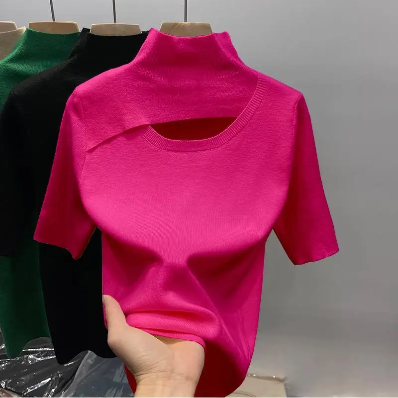 Knitted Slim Simplicity Sexy Tops Spring Office Half Sleeve Solid All-match Fashion T Shirts Temperament Trend Women Clothing 
Knitted Slim Simplicity Sexy Tops Spring Office Half Sleeve Solid All-match Fashion T Shirts Temperament Trend Women Clothing