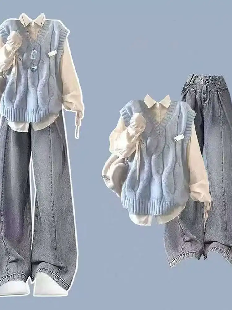 Blue Knitted Vest Set 2025 Early Autumn Vintage Small College Style Drawstring Waistband Shirt Casual Fashion Ensemble
Blue Knitted Vest Set 2025 Early Autumn Vintage Small College Style Drawstring Waistband Shirt Casual Fashion Ensemble