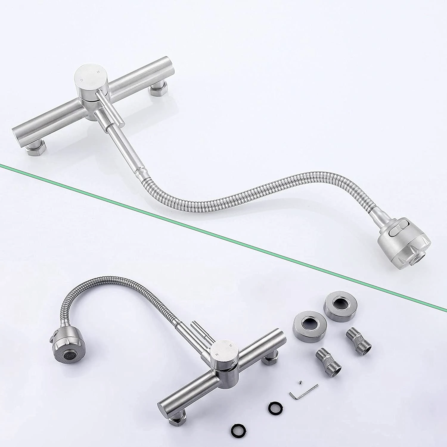 Wall Mount Kitchen Faucet 8 Inch Center ,With Dual Function Flexible Sprayer,Mixer Stainless Steel Constructed Bar Tap-AS97
Wall Mount Kitchen Faucet 8 Inch Center ,With Dual Function Flexible Sprayer,Mixer Stainless Steel Constructed Bar Tap-AS97