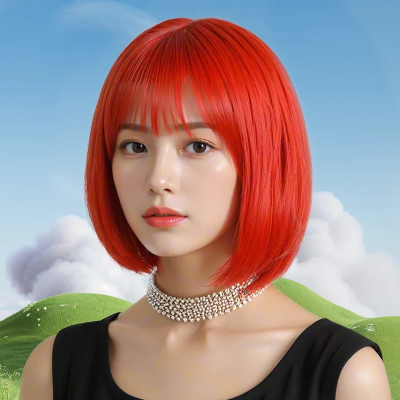 Red fashionable short straight bob wig with bangs for women, 12 inches heat-resistant synthetic hair for everyday and parties
Red fashionable short straight bob wig with bangs for women, 12 inches heat-resistant synthetic hair for everyday and parties