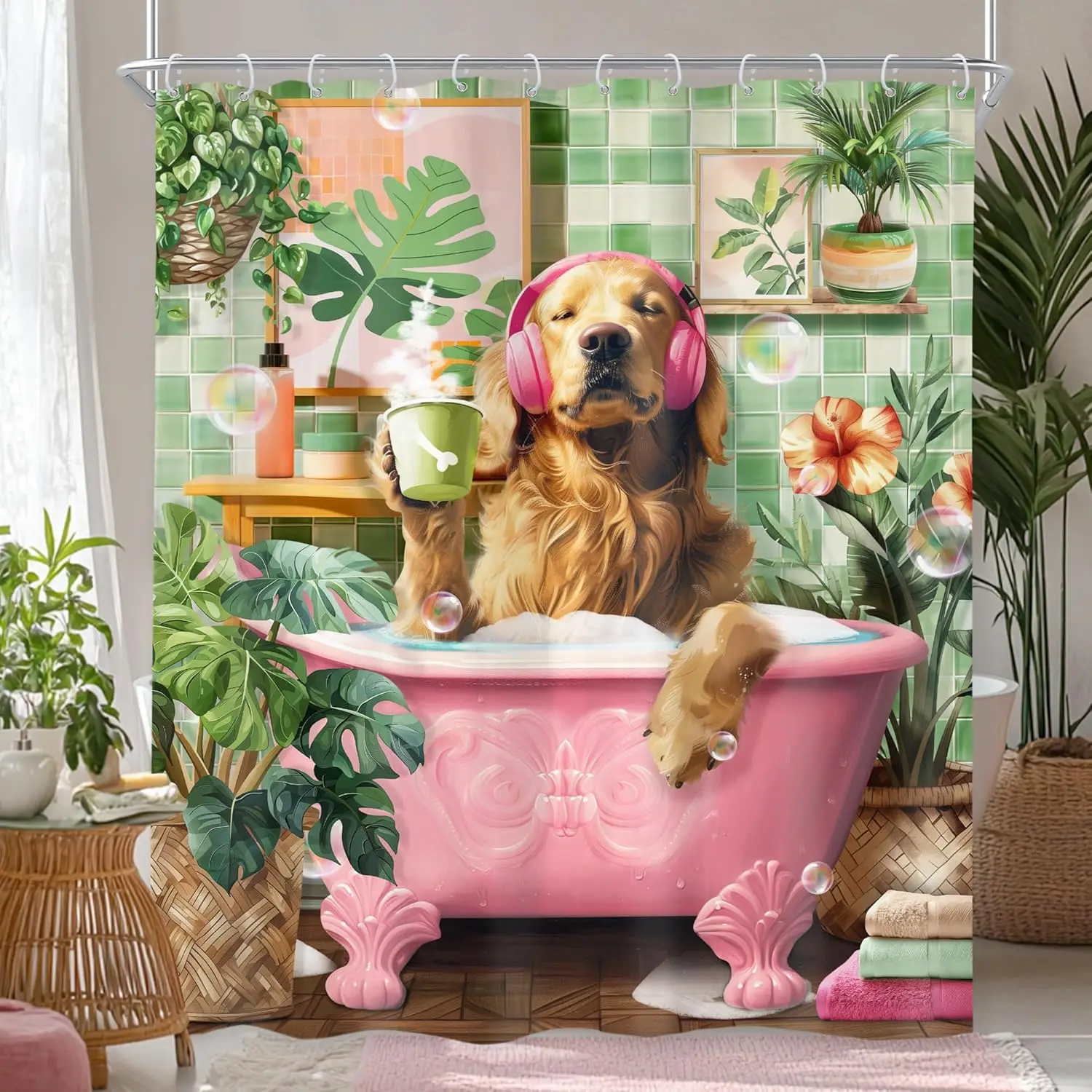Golden Retriever with Pink Headphones Shower Curtain in Bathtub Holding Cup Tropical Plant Background for Bathroom Decor
Golden Retriever with Pink Headphones Shower Curtain in Bathtub Holding Cup Tropical Plant Background for Bathroom Decor