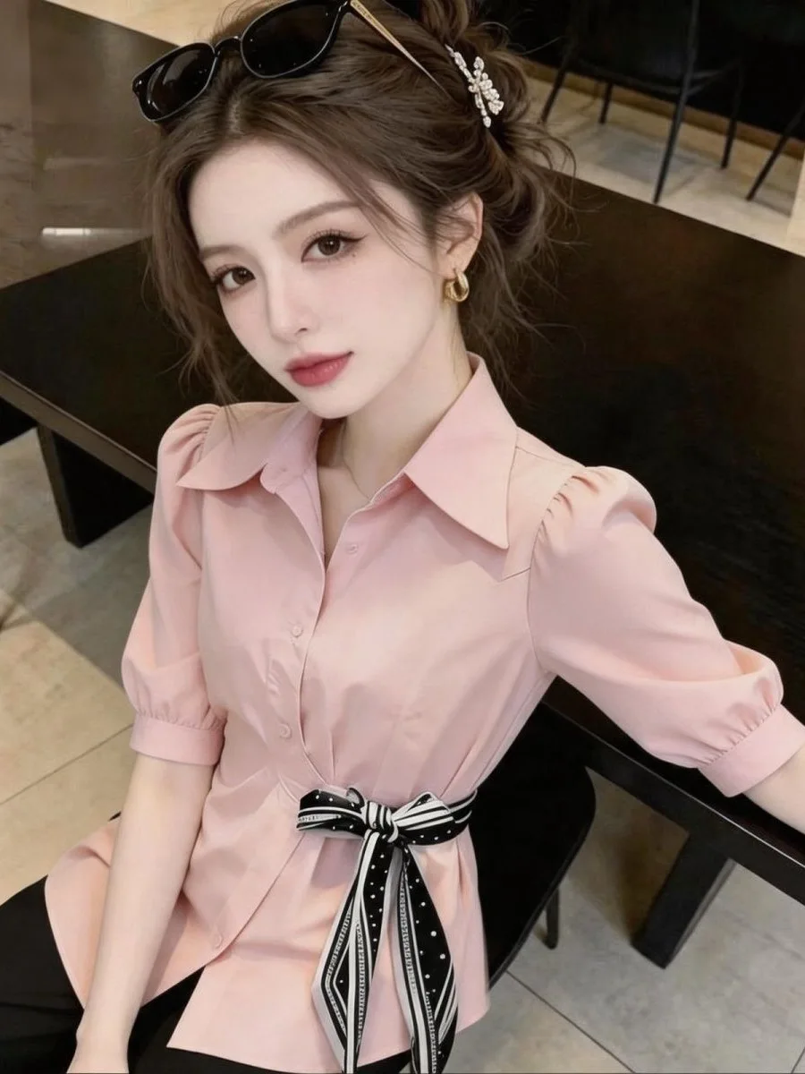 Slimming Design Women's Shirt Belted Waist Tie Sleeve Top Commute Style plus Size Korean Version Seven-Quarter Sleeve
Slimming Design Women's Shirt Belted Waist Tie Sleeve Top Commute Style plus Size Korean Version Seven-Quarter Sleeve