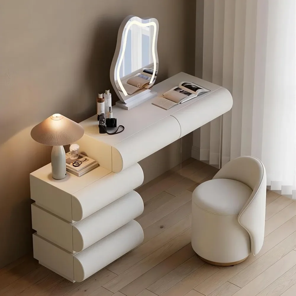 White Makeup Vanity Set with LED Mirror and Dressing Stool, Modern PU Leather Dressing Table with Drawers for Bedroom, Ideal
White Makeup Vanity Set with LED Mirror and Dressing Stool, Modern PU Leather Dressing Table with Drawers for Bedroom, Ideal