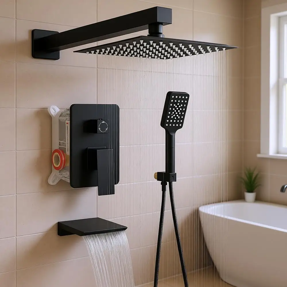 Полностью матовая черная душевая система с квадратным тропическим душем 10 дюймов, ручным душем с 3 функциями, изливом для ванны с эффектом водопада, душевой гарнитур Rai
Полностью матовая черная душевая система с квадратным тропическим душем 10 дюймов, ручным душем с 3 функциями, изливом для ванны с эффектом водопада, душевой гарнитур Rai