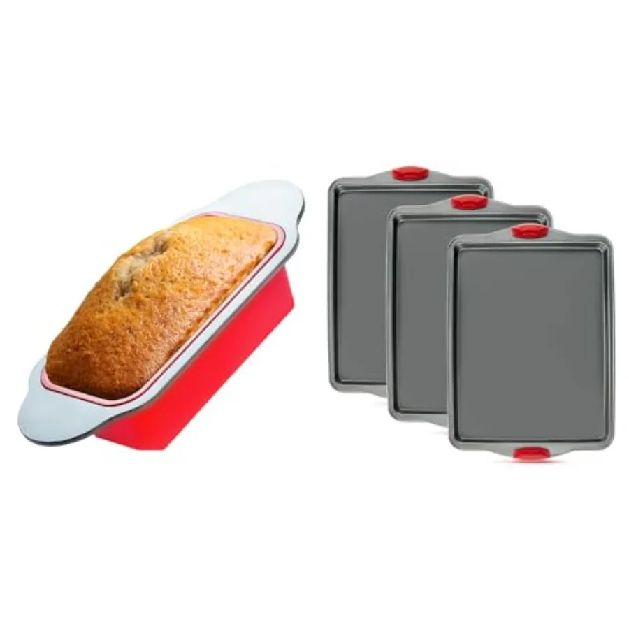 Набор для выпечки премиум-класса: силиконовая форма для хлеба 9x5 дюймов и набор противней для выпечки с антипригарным покрытием из 3 предметов с силиконовыми ручками. 
Набор для выпечки премиум-класса: силиконовая форма для хлеба 9x5 дюймов и набор противней для выпечки с антипригарным покрытием из 3 предметов с силиконовыми ручками.