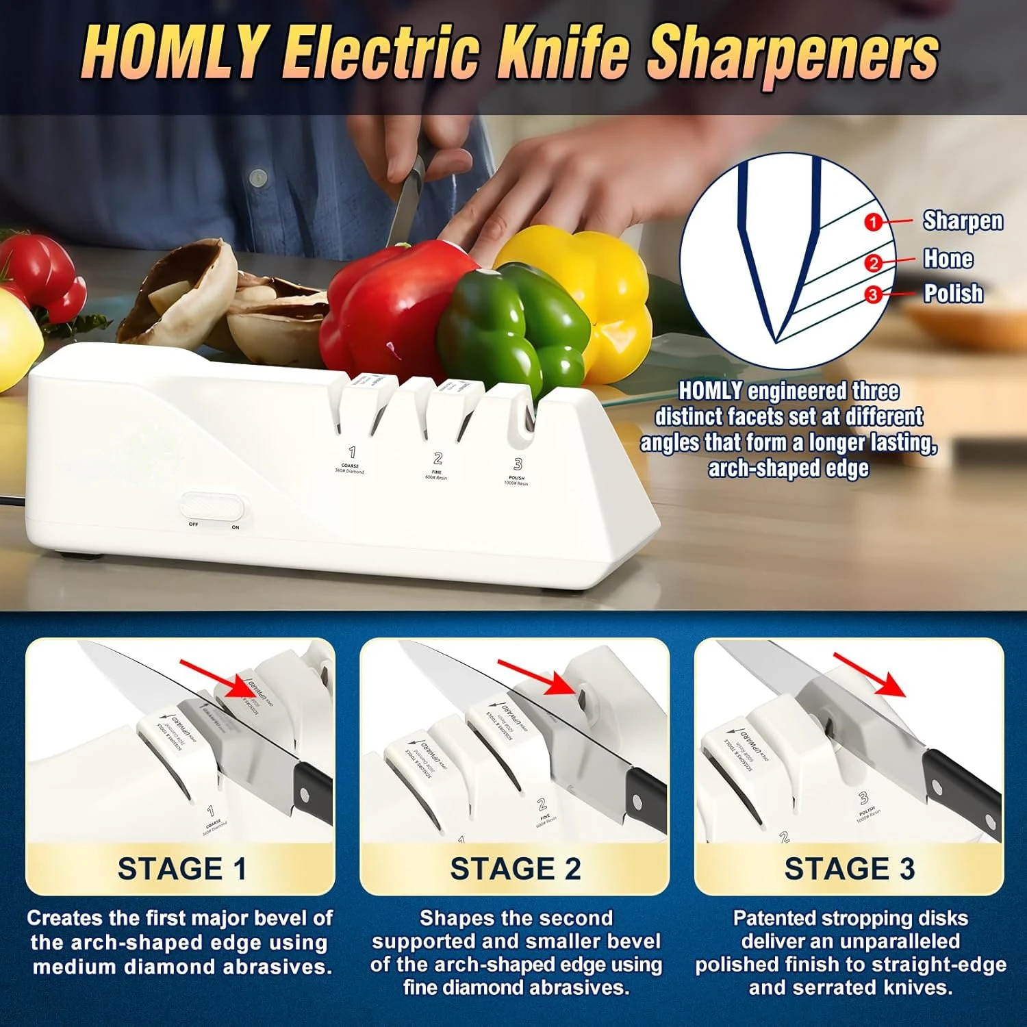 Professional Electric Knife Sharpeners with 100% Diamond Abrasives and Precision Angle Guides, Multifunctional 3-Stage Slots
Professional Electric Knife Sharpeners with 100% Diamond Abrasives and Precision Angle Guides, Multifunctional 3-Stage Slots