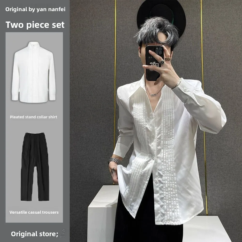 Casual Loose Men's Shirt Set Original Design Pleated Black White Long Sleeve Polyester Fiber Summer Fashion Male Model
Casual Loose Men's Shirt Set Original Design Pleated Black White Long Sleeve Polyester Fiber Summer Fashion Male Model