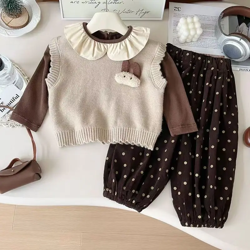 2025 Baby Girls Spring Autumn Clothing Set Knitted Sweaters Vests+shirts+dot Pants,Fashion Kids Children Birthday Casual Clothes
2025 Baby Girls Spring Autumn Clothing Set Knitted Sweaters Vests+shirts+dot Pants,Fashion Kids Children Birthday Casual Clothes