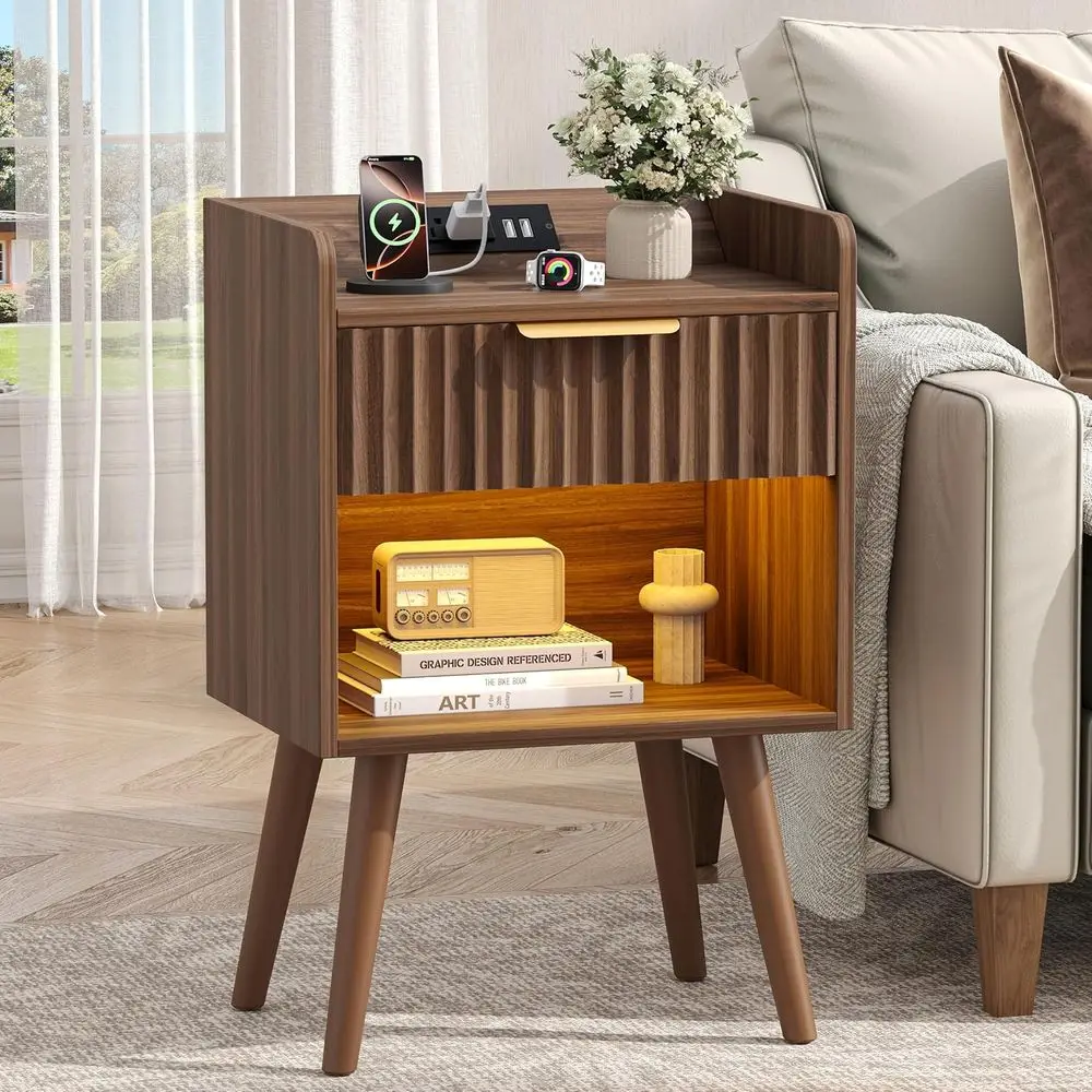 Walnut Finish Nightstand with Charging Station, Storage, and Open Shelves
Walnut Finish Nightstand with Charging Station, Storage, and Open Shelves