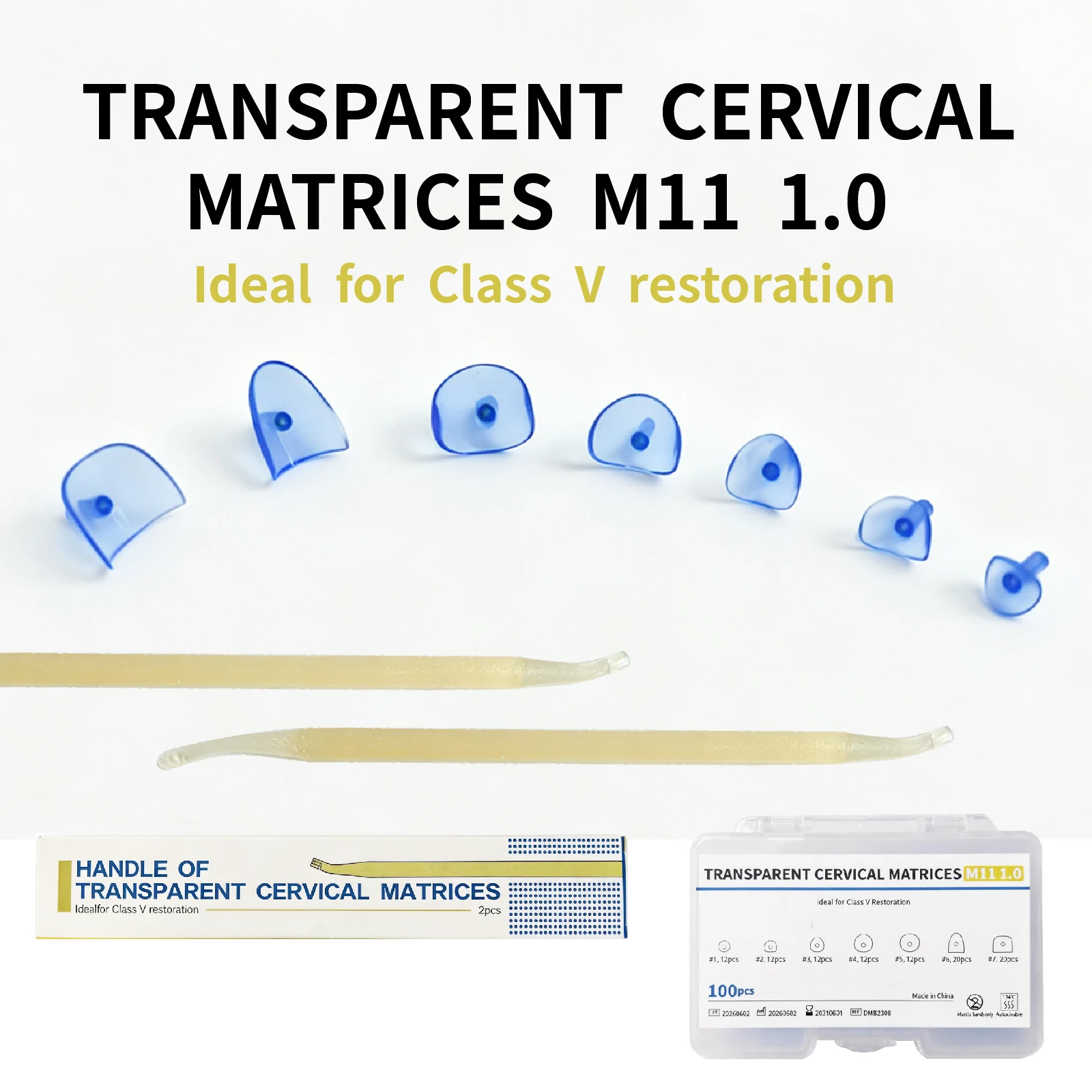 100pcs Anatomically Shaped Blue Transparent Dental Cervical Matrices M11 with 2 handles for Class V Restorations
100pcs Anatomically Shaped Blue Transparent Dental Cervical Matrices M11 with 2 handles for Class V Restorations