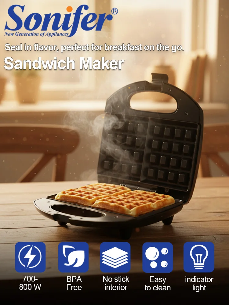 Sonifer SF-6188 750W Electric Sandwich Maker Non-Stick Waffle Iron Plate Breakfast Machine with Stand-up Storage Indicator 220V
Sonifer SF-6188 750W Electric Sandwich Maker Non-Stick Waffle Iron Plate Breakfast Machine with Stand-up Storage Indicator 220V