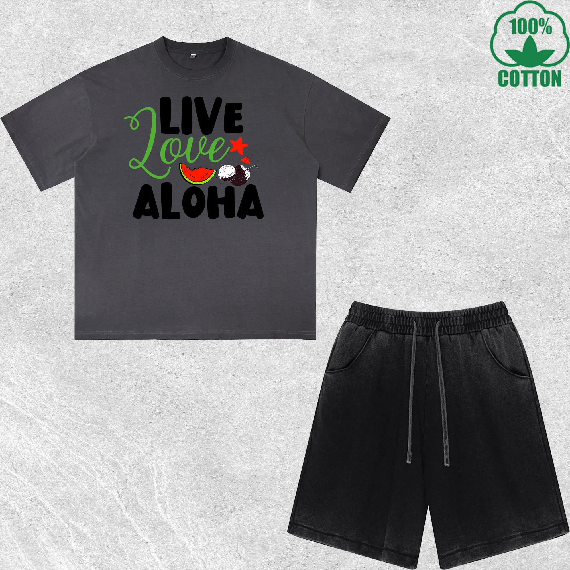 Live Love Aloha Printed Dirty Wash T-Shirt Shorts Set Combo Loose Trendy Fashionable 100%Cotton Black Suit
Live Love Aloha Printed Dirty Wash T-Shirt Shorts Set Combo Loose Trendy Fashionable 100%Cotton Black Suit
