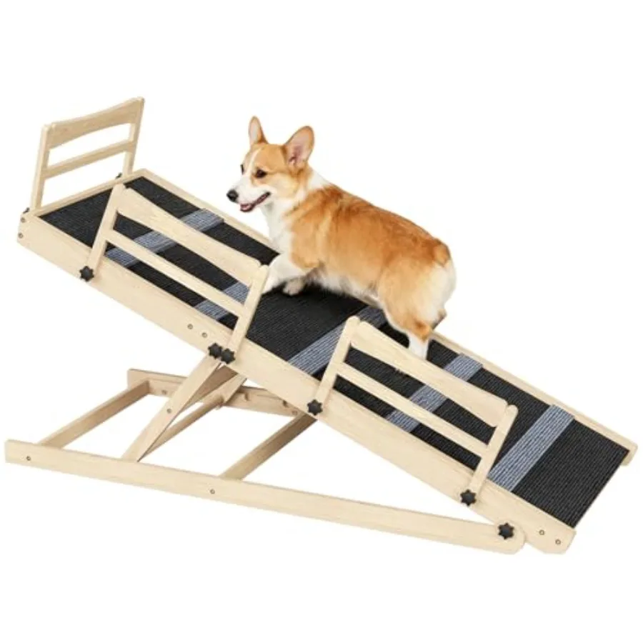Dog ramp for bed use, wooden, natural color, foldable with non-slip mat and side rails, 47.2 long, 5 height adjustable from 15.
Dog ramp for bed use, wooden, natural color, foldable with non-slip mat and side rails, 47.2 long, 5 height adjustable from 15.