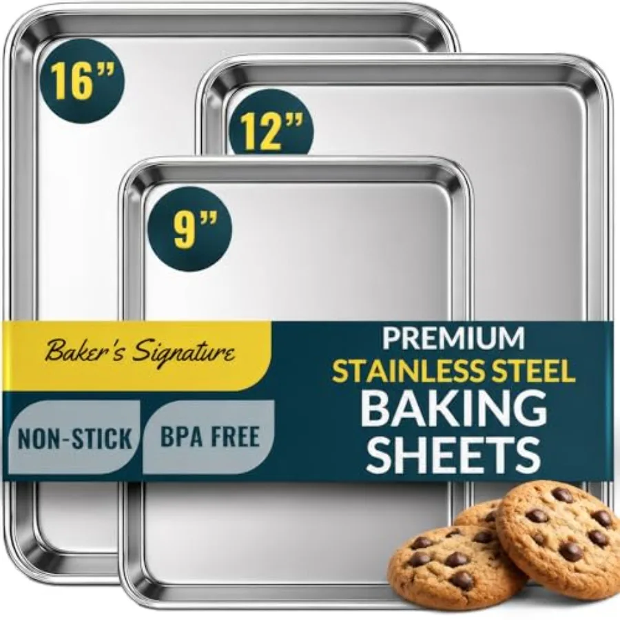 Baker's Signature Stainless Steel Cookie Sheet Pan, Stainless Steel Baking Sheet Set of 3, Mirror Finish, Non-Stick, Rust Resis
Baker's Signature Stainless Steel Cookie Sheet Pan, Stainless Steel Baking Sheet Set of 3, Mirror Finish, Non-Stick, Rust Resis