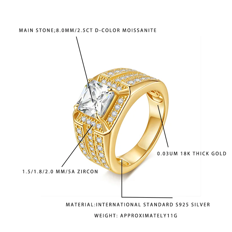 Мужское кольцо с муассанитом огранки «Принцесса» в стиле хип-хоп, серебро 925 пробы, позолота 18К, 2.5 карата, цвет D, лабораторный бриллиант
Мужское кольцо с муассанитом огранки «Принцесса» в стиле хип-хоп, серебро 925 пробы, позолота 18К, 2.5 карата, цвет D, лабораторный бриллиант