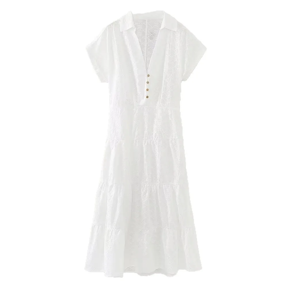 ZBZA Women's Embroidered Hollow Midi Dress V-neck Short-sleeved Single-breasted High-waist Slim A-line Dress Summer New Chic Top
ZBZA Women's Embroidered Hollow Midi Dress V-neck Short-sleeved Single-breasted High-waist Slim A-line Dress Summer New Chic Top