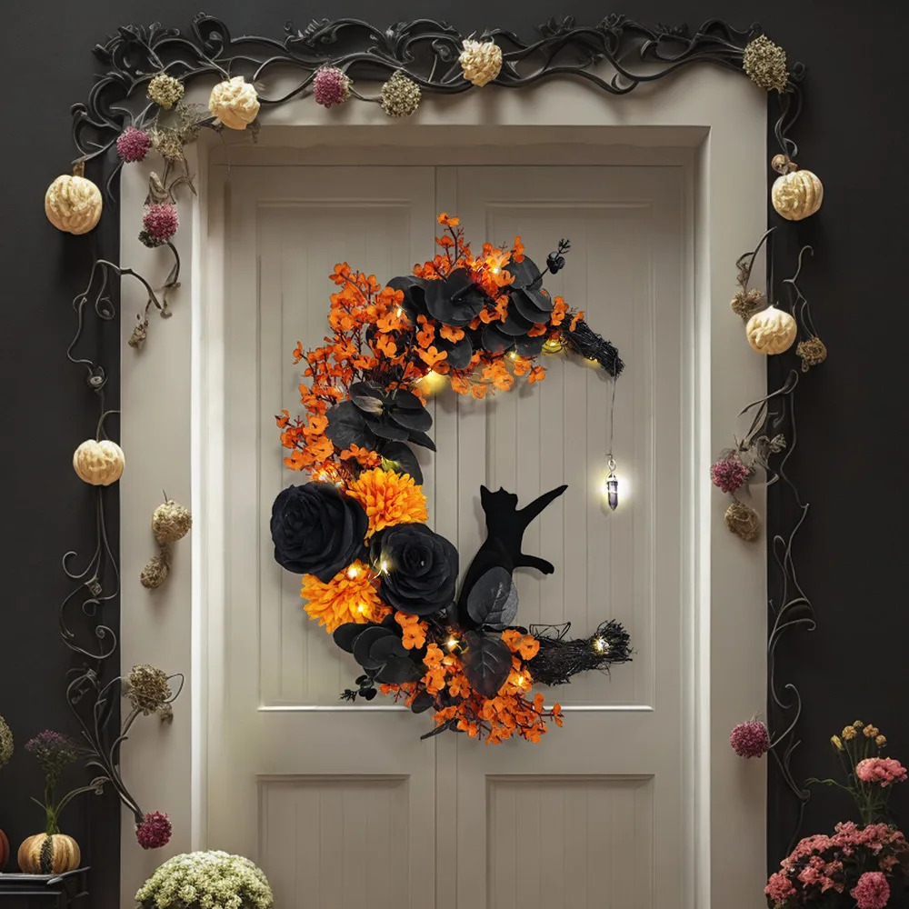 Halloween Moon Cat Wreath Door Pendant Simulation Black Rose Vine Ring Cross-Ghost Festival Atmosphere Ornament
Halloween Moon Cat Wreath Door Pendant Simulation Black Rose Vine Ring Cross-Ghost Festival Atmosphere Ornament