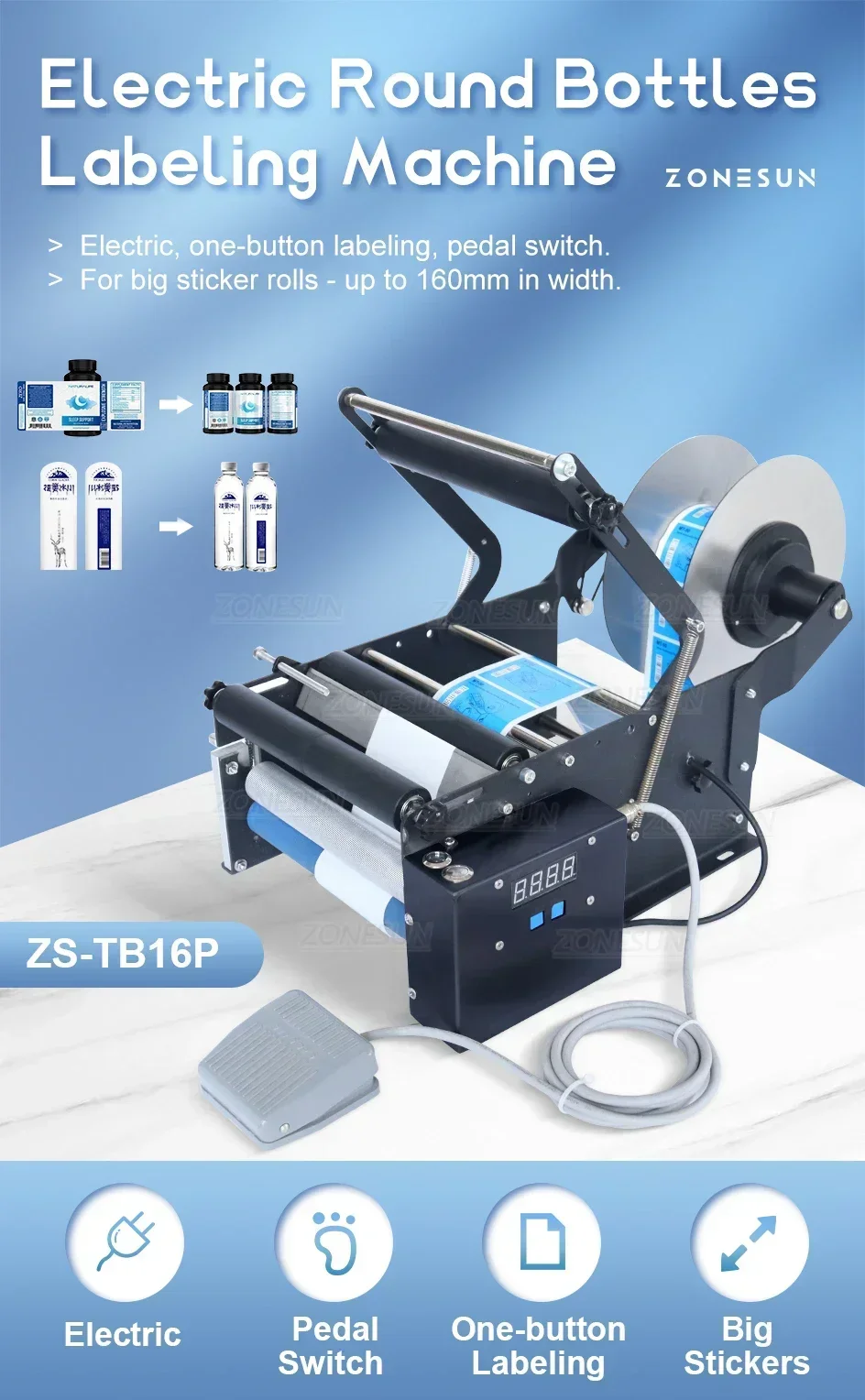 ZONESUN ZS-TB16P Labeling Machine Smart Electric Pedal Round Glass Plastic Bottle Jar Vial Sticker Small Packaging Production
ZONESUN ZS-TB16P Labeling Machine Smart Electric Pedal Round Glass Plastic Bottle Jar Vial Sticker Small Packaging Production
