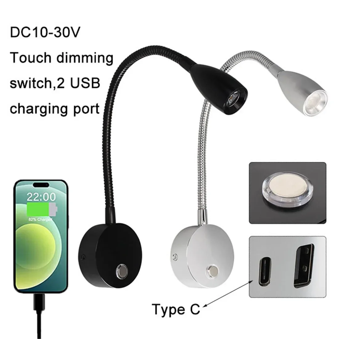 DC12V 24V RV Dimmable Reading Lamp with Type C USB Charger,Touch Switch 2 USB Charging Ports LED Light for Boat Camper Van Trail
DC12V 24V RV Dimmable Reading Lamp with Type C USB Charger,Touch Switch 2 USB Charging Ports LED Light for Boat Camper Van Trail