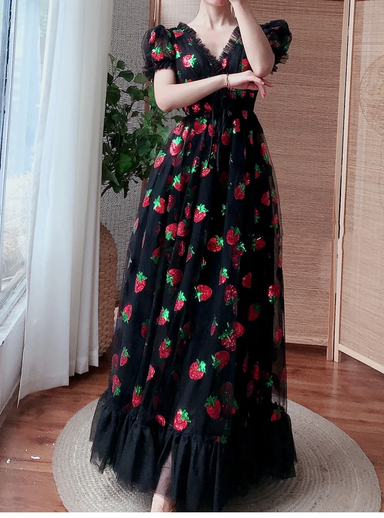 Women Strawberry Maxi Dress Oversized Elegant Sequin Mesh Lace Up High Waist Sexy Embroidery Long Dress V Neck Vestido Lady New
Women Strawberry Maxi Dress Oversized Elegant Sequin Mesh Lace Up High Waist Sexy Embroidery Long Dress V Neck Vestido Lady New