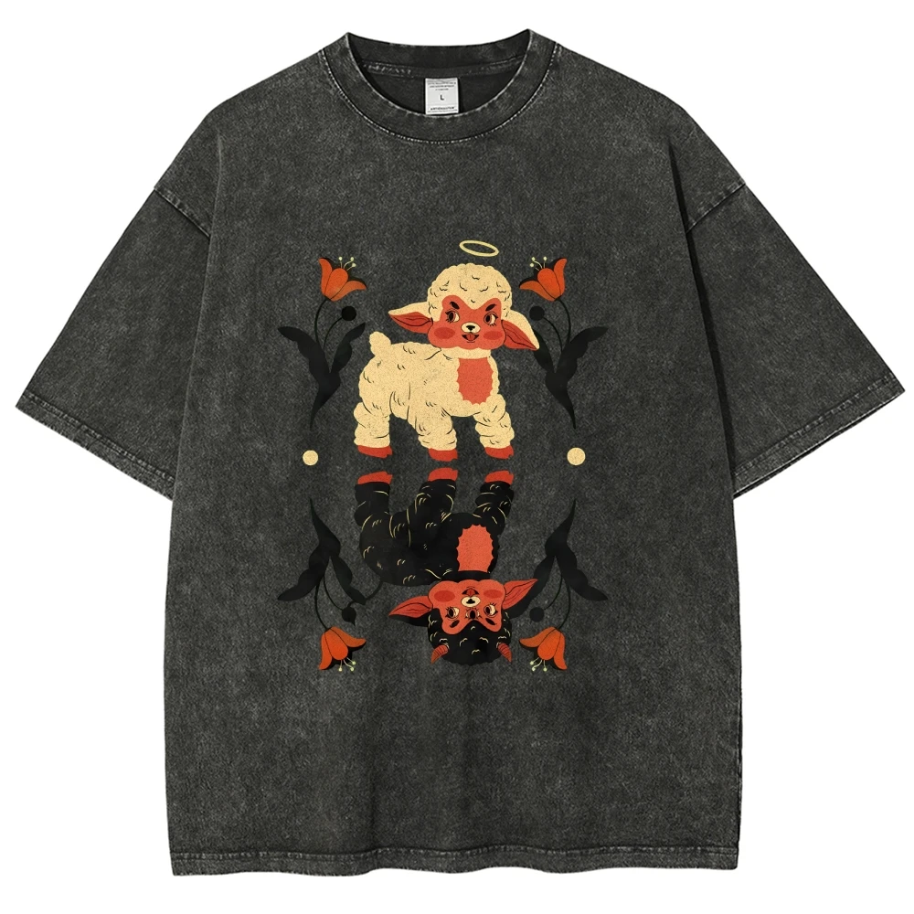 Cool Angel Demon Sheep T Shirts Unisex Washed Tees Men Women Short Sleeve T-shirts Cotton Streetwear Harajuku Graphic T Shirts
Cool Angel Demon Sheep T Shirts Unisex Washed Tees Men Women Short Sleeve T-shirts Cotton Streetwear Harajuku Graphic T Shirts