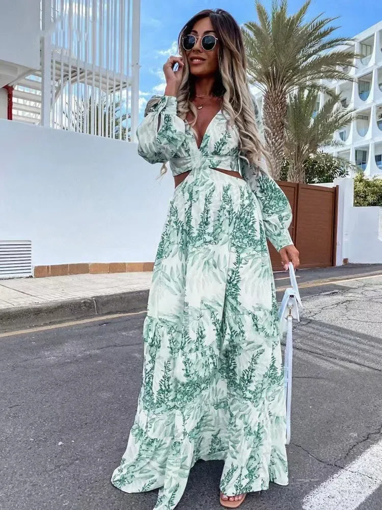 Nice Elegant Women's Long Dresses Summer New Hollow Sexy Print V-Neck Long Sleeve Dress Holiday Beach Lady Leisure Dresses
Nice Elegant Women's Long Dresses Summer New Hollow Sexy Print V-Neck Long Sleeve Dress Holiday Beach Lady Leisure Dresses