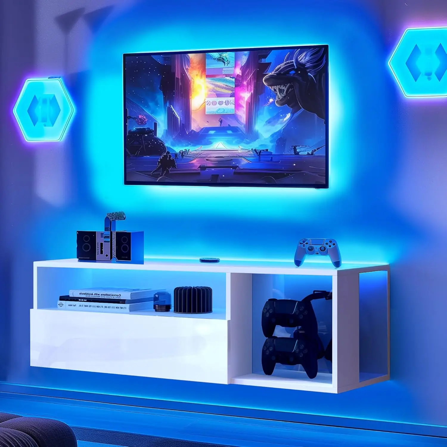 39.3'' TV Stand, Floating Entertainment Center With Lights, Modern Media Console With Storage, Wall Mounted LED TV, Customized
39.3'' TV Stand, Floating Entertainment Center With Lights, Modern Media Console With Storage, Wall Mounted LED TV, Customized