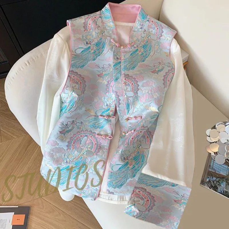 New Chinese Style Stand Collar Blue Vest Coat Women+ Loose Long Sleeve White Shirt Women 2025 Fashion Vintage Two Piece Sets
New Chinese Style Stand Collar Blue Vest Coat Women+ Loose Long Sleeve White Shirt Women 2025 Fashion Vintage Two Piece Sets