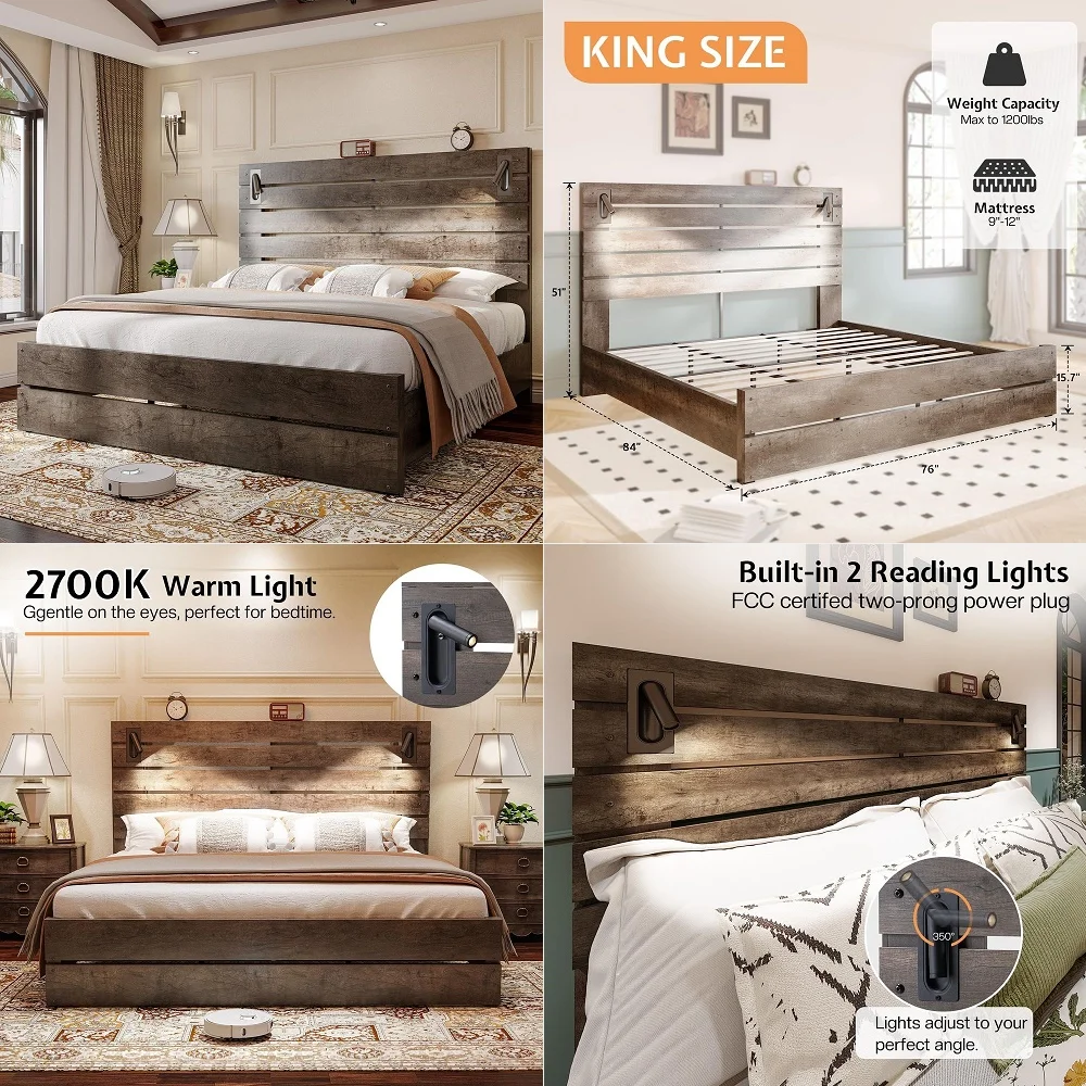 King Size Farmhouse Bed Frame with 51 Barn Door Headboard, LED Reading Lights, Platform Bed Frame with Wood Slats, Under Bed St
King Size Farmhouse Bed Frame with 51 Barn Door Headboard, LED Reading Lights, Platform Bed Frame with Wood Slats, Under Bed St