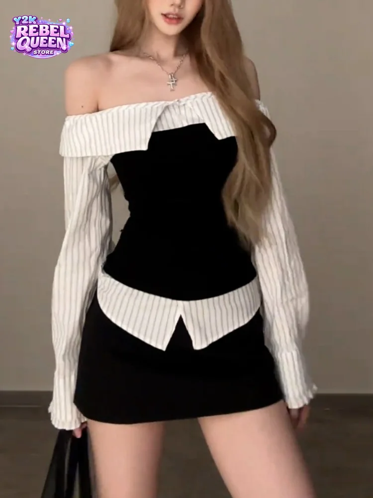 2026 Korean Fashion Sweet 2 Piece Set Women Striped Off-Shoulder Top + Black Mini Skirt Summer Casual Elegant Coquette Outfits
2026 Korean Fashion Sweet 2 Piece Set Women Striped Off-Shoulder Top + Black Mini Skirt Summer Casual Elegant Coquette Outfits