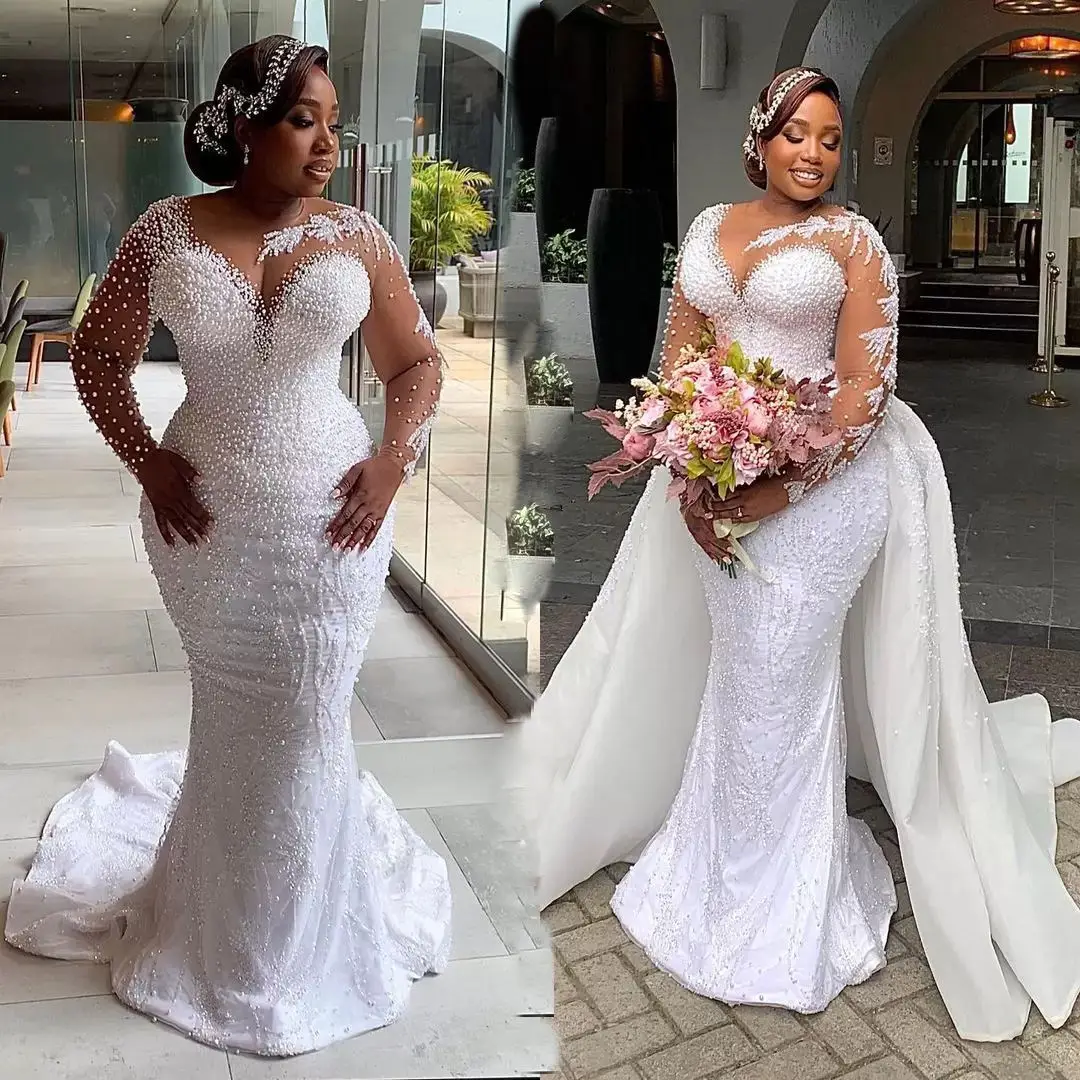 Luxury Illusion Long Sleeve Bride Mermaid African Women's Wedding Dresses Detachable Train Bridal Gowns
Luxury Illusion Long Sleeve Bride Mermaid African Women's Wedding Dresses Detachable Train Bridal Gowns