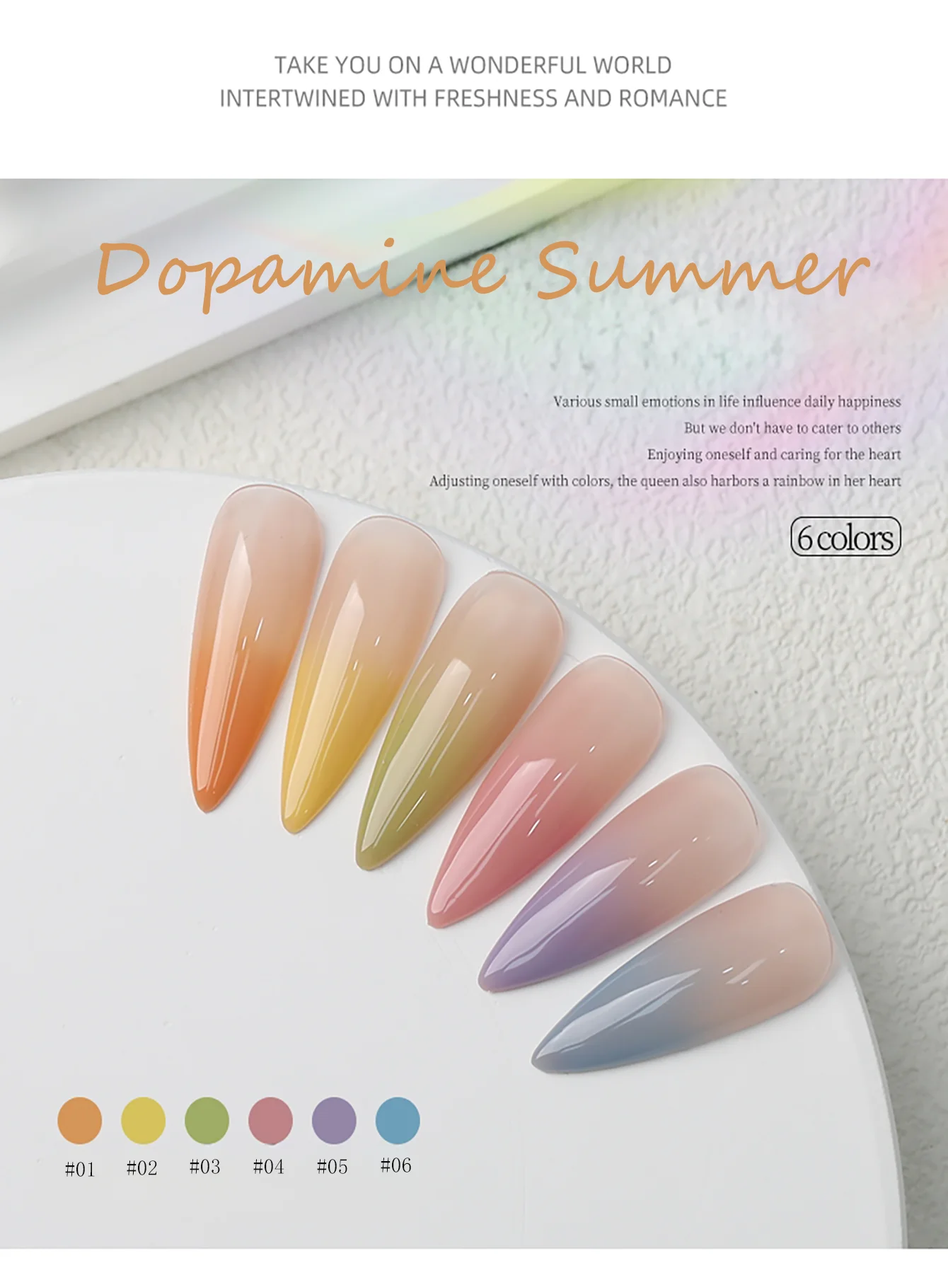 1-6 шт. WS Summer Dopamine Розовый Зеленый Синий дизайн ногтей Новый стиль Романтические макароны Конфеты Серия 6-цветный гель-лак для ногтей Товары для ногтей
1-6 шт. WS Summer Dopamine Розовый Зеленый Синий дизайн ногтей Новый стиль Романтические макароны Конфеты Серия 6-цветный гель-лак для ногтей Товары для ногтей