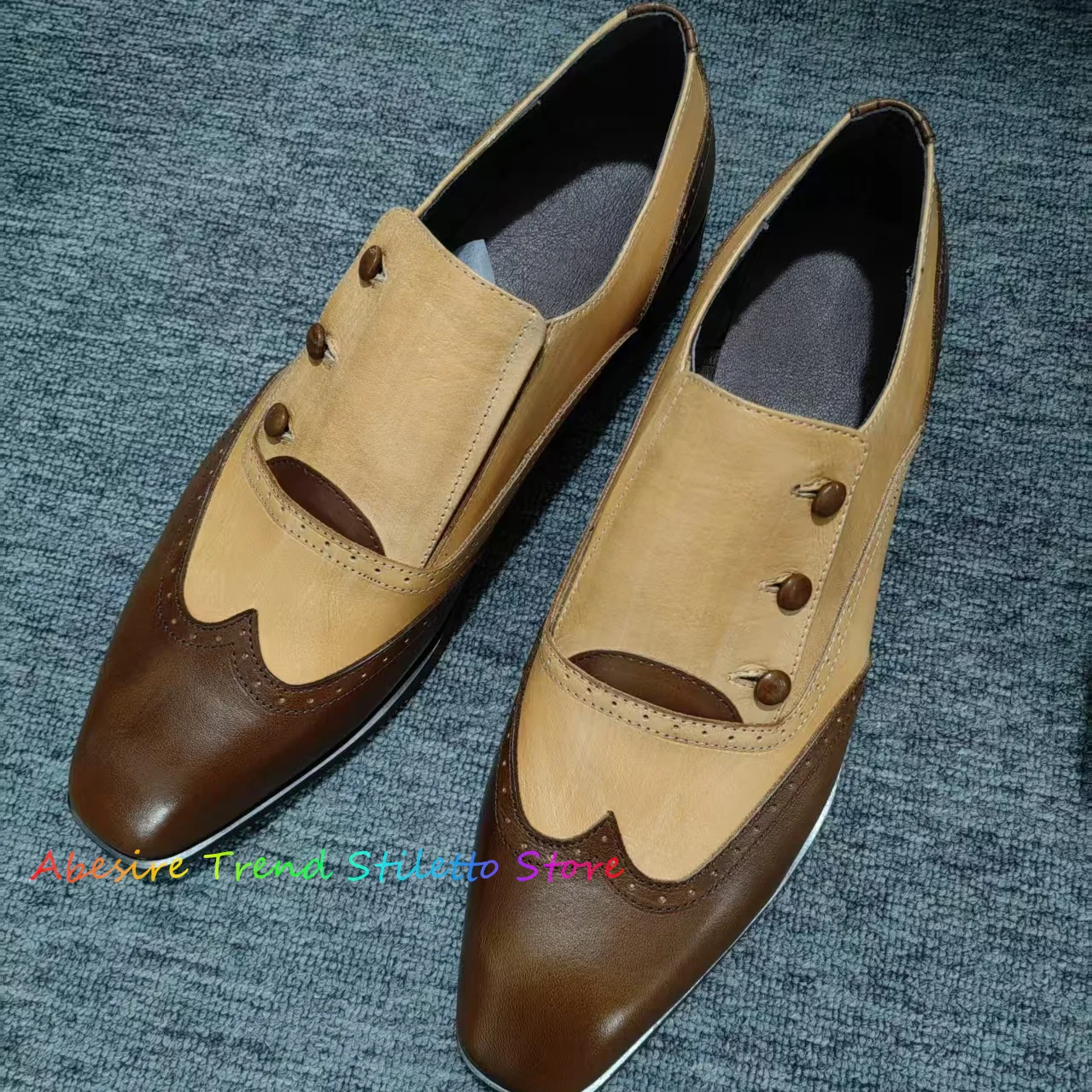 Square Toe Color Block Men Shoes Brown Genuine Leather Low Heel Button Business Office Formal Casual Single Shoes Banquets Shoes
Square Toe Color Block Men Shoes Brown Genuine Leather Low Heel Button Business Office Formal Casual Single Shoes Banquets Shoes