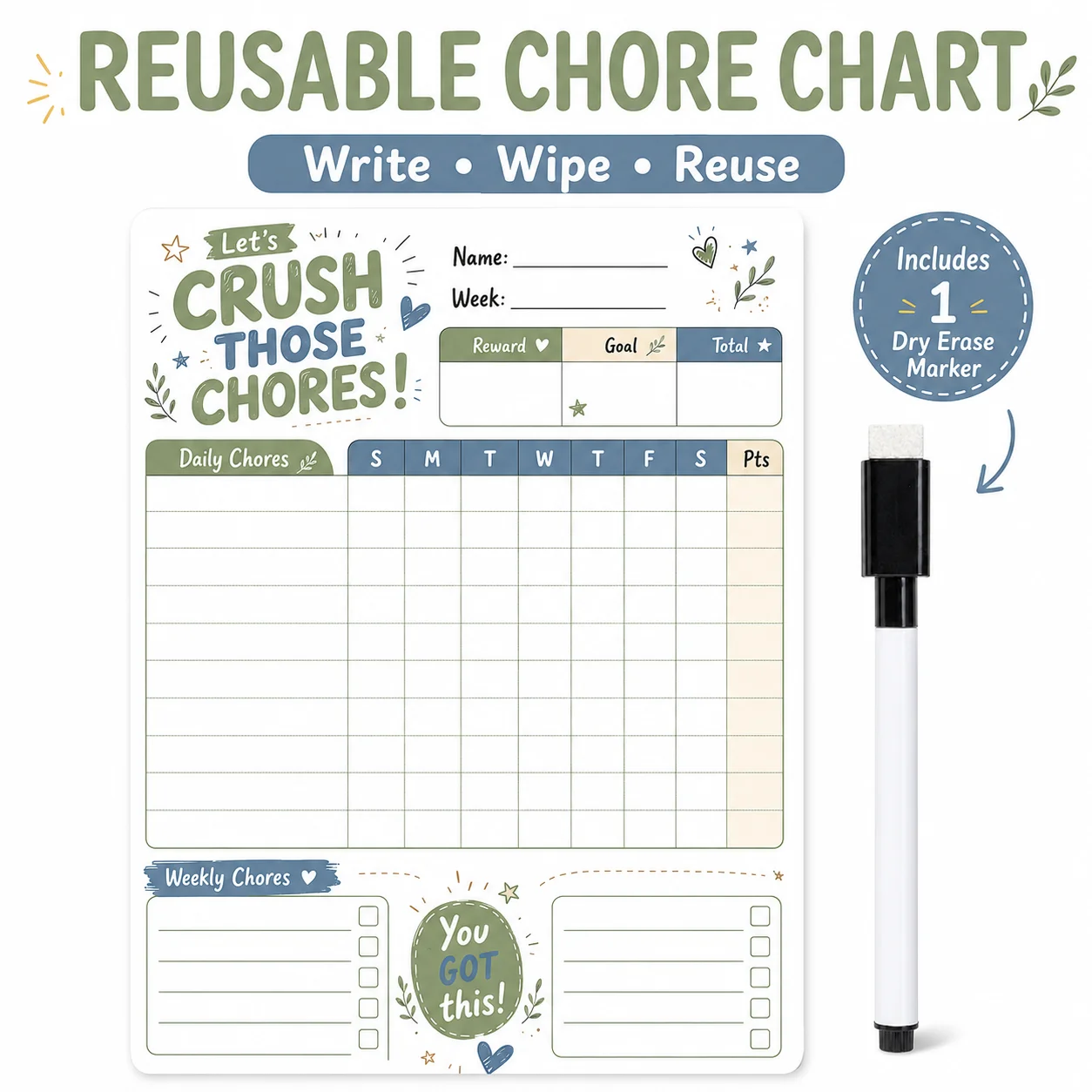 Reusable Dry Erase Chore Chart With Marker, Peel & Stick Weekly Task Planner For Daily Chores, Goals, Rewards & Home Reminders
Reusable Dry Erase Chore Chart With Marker, Peel & Stick Weekly Task Planner For Daily Chores, Goals, Rewards & Home Reminders