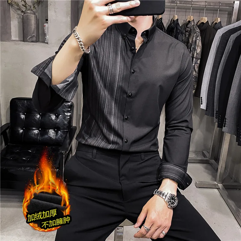 Winter Thick Fleece Fashion Half Striped Printed Shirt Men's Long Sleeve Slim Fit Business Formal Turn Down Collar Casual Shirt
Winter Thick Fleece Fashion Half Striped Printed Shirt Men's Long Sleeve Slim Fit Business Formal Turn Down Collar Casual Shirt