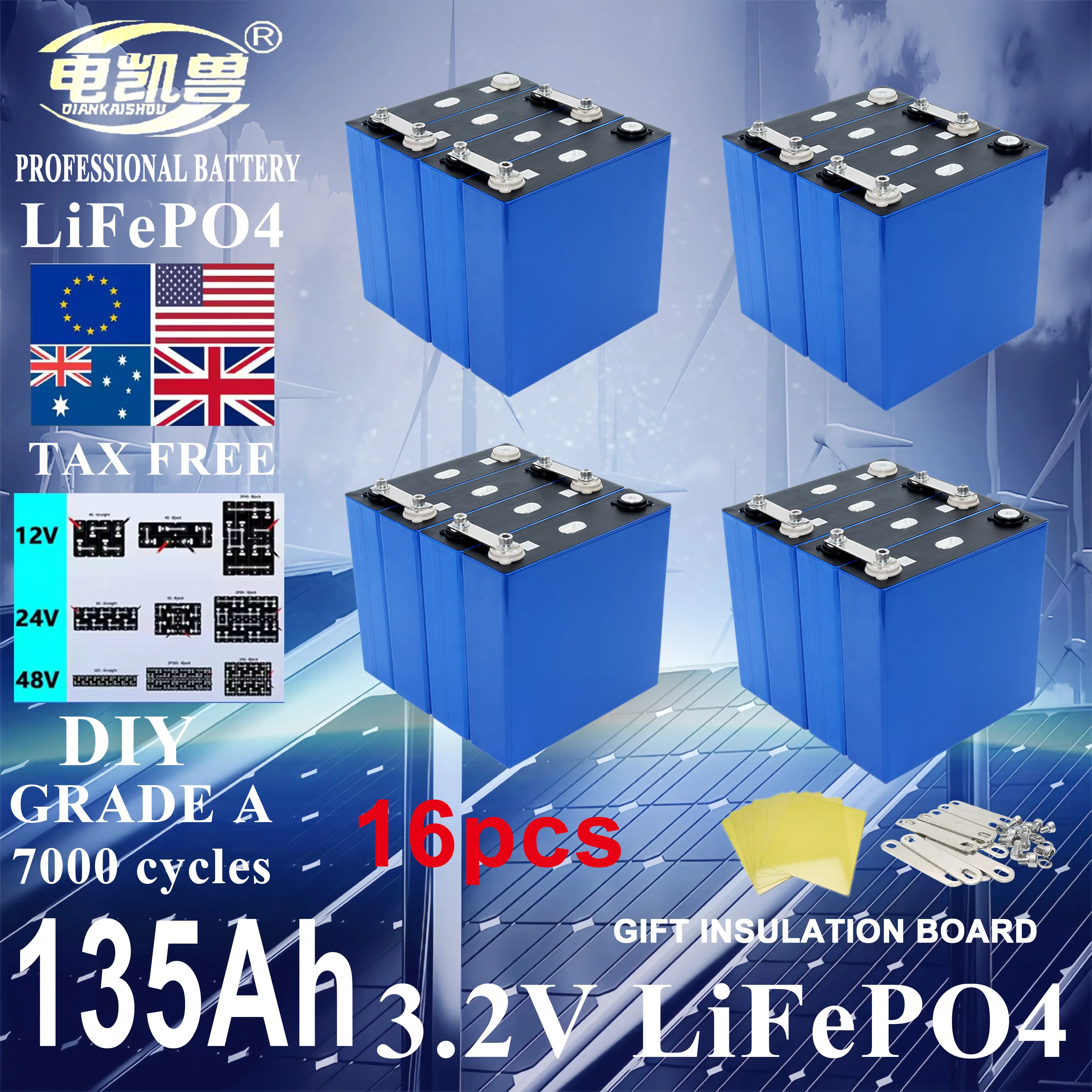 New 16pcs Grade A 135ah 3.2V Lifepo4 Rechargeable Battery 7000 Cycles DIY 12V 24V 48V RV, yacht, golf cart solar energy battery
New 16pcs Grade A 135ah 3.2V Lifepo4 Rechargeable Battery 7000 Cycles DIY 12V 24V 48V RV, yacht, golf cart solar energy battery