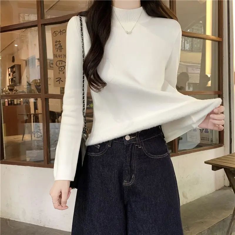 Korean Style Long Sleeve Fleece Lined Thickened Women's Knitwear Slimming Base Layer Shirt White Autumn Winter Top Ladies
Korean Style Long Sleeve Fleece Lined Thickened Women's Knitwear Slimming Base Layer Shirt White Autumn Winter Top Ladies